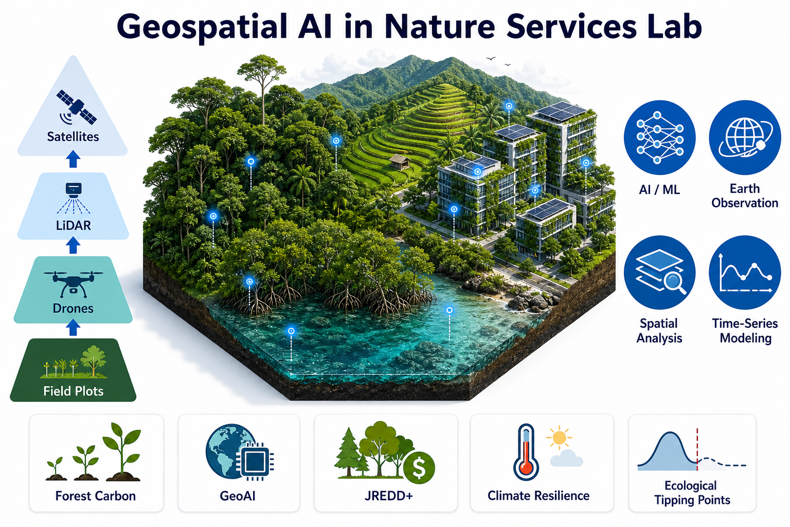 GAINS institute profile — multi-scale monitoring pyramid, ecosystem landscape, GeoAI toolkit, and research pillars